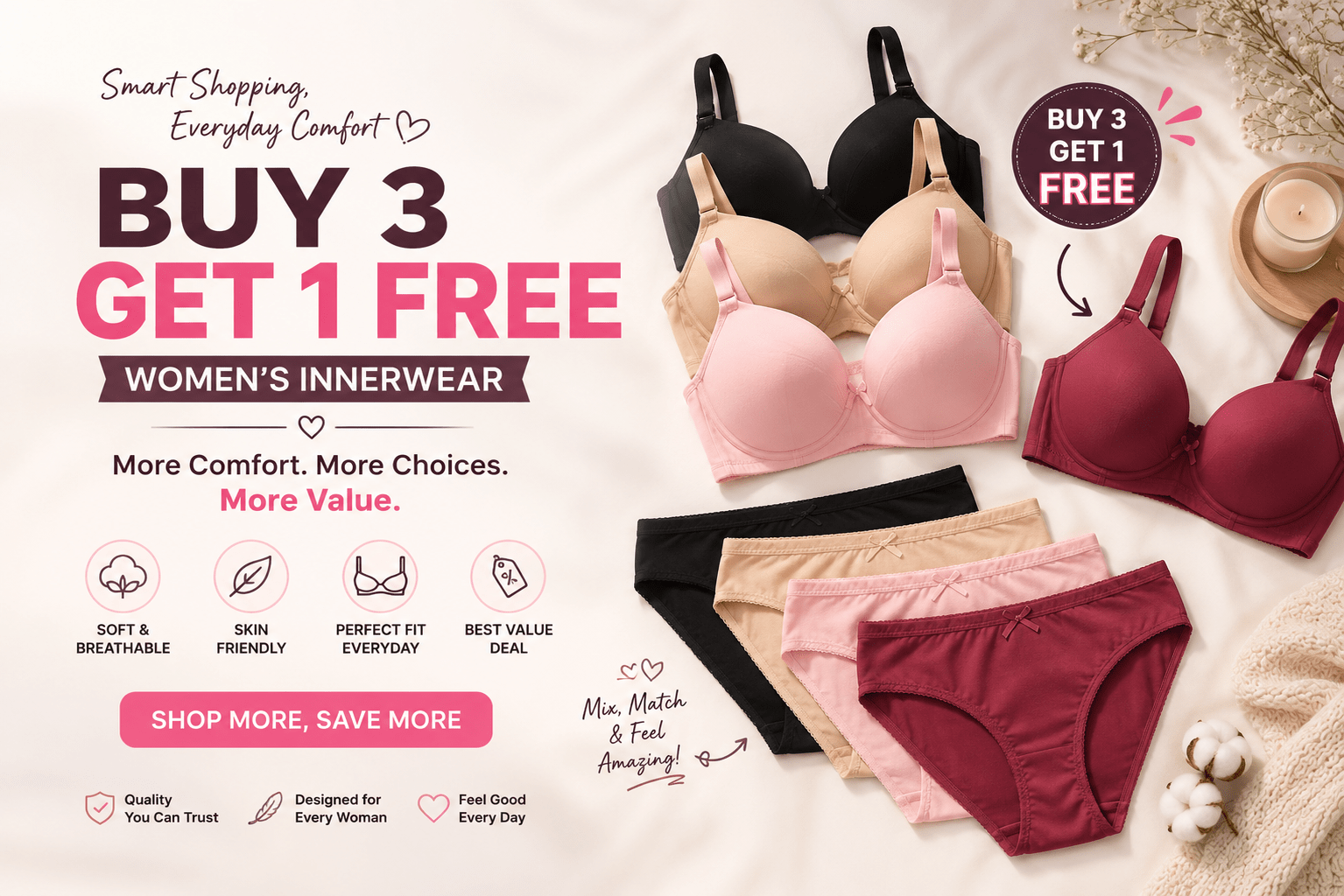 Buy 3 Get 1 Free Womens Innerwear